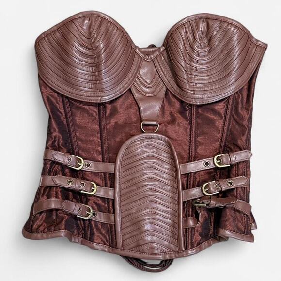 Charmian Metallic Brown & Faux Leather Steampunk Strapless Costume Corset Top - Picture 5 of 8
